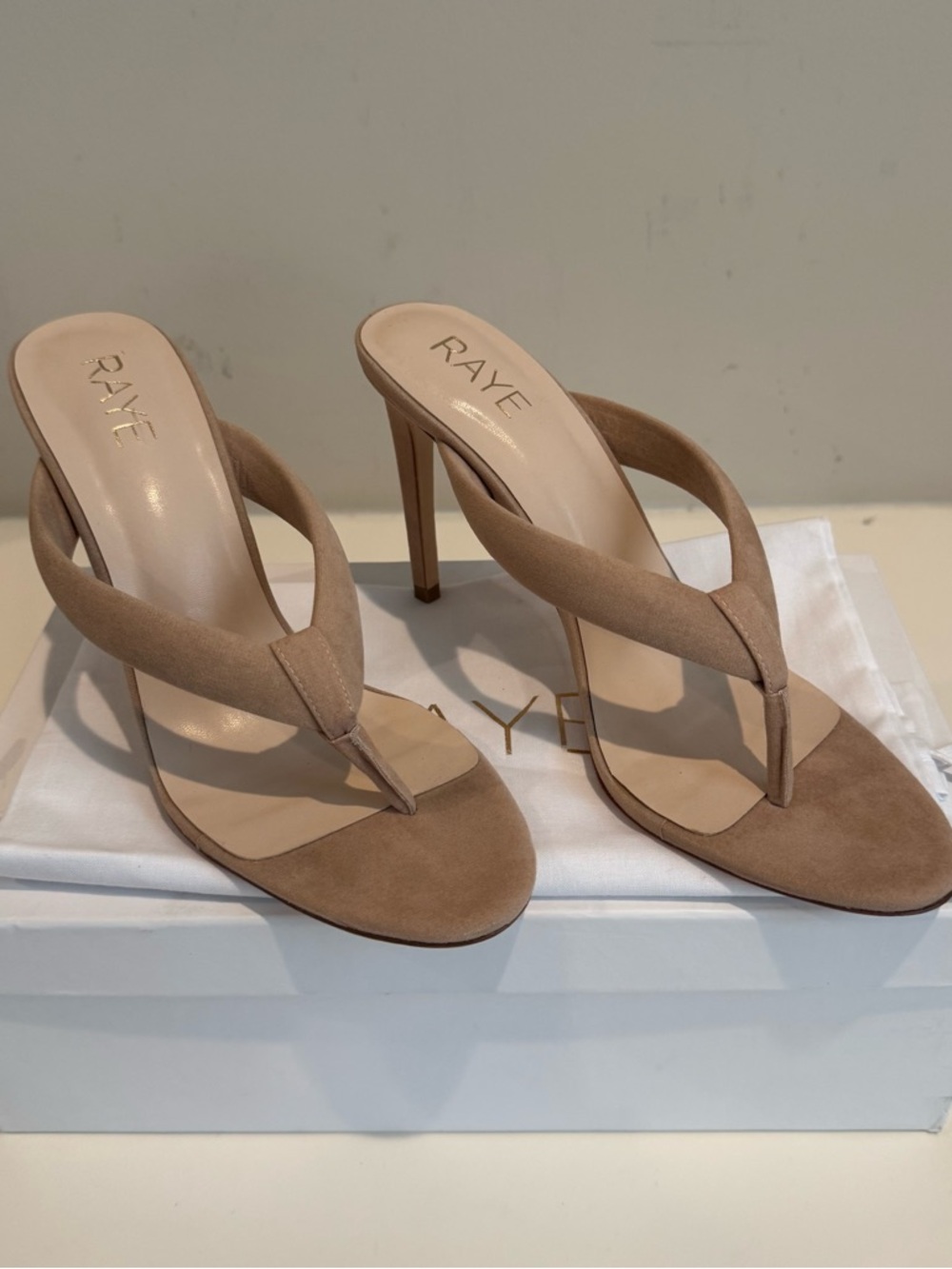 NIB - RAYE Beige Suede Thong Stiletto Sandals